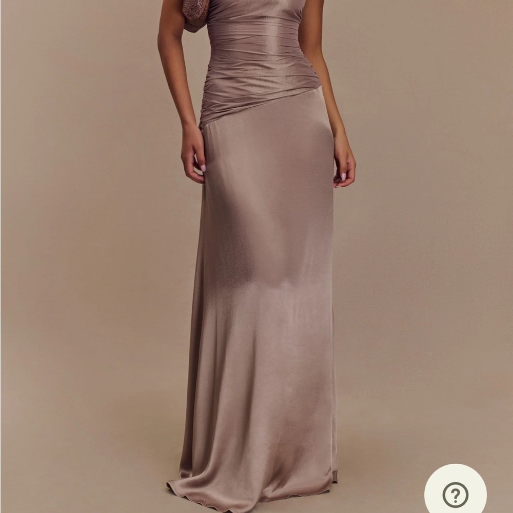 Meshki Strapless Satin Dress in Taupe